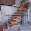 پله تک محور کنسولی با کف پله چوب و نرده ترکیبی چوب و فلز